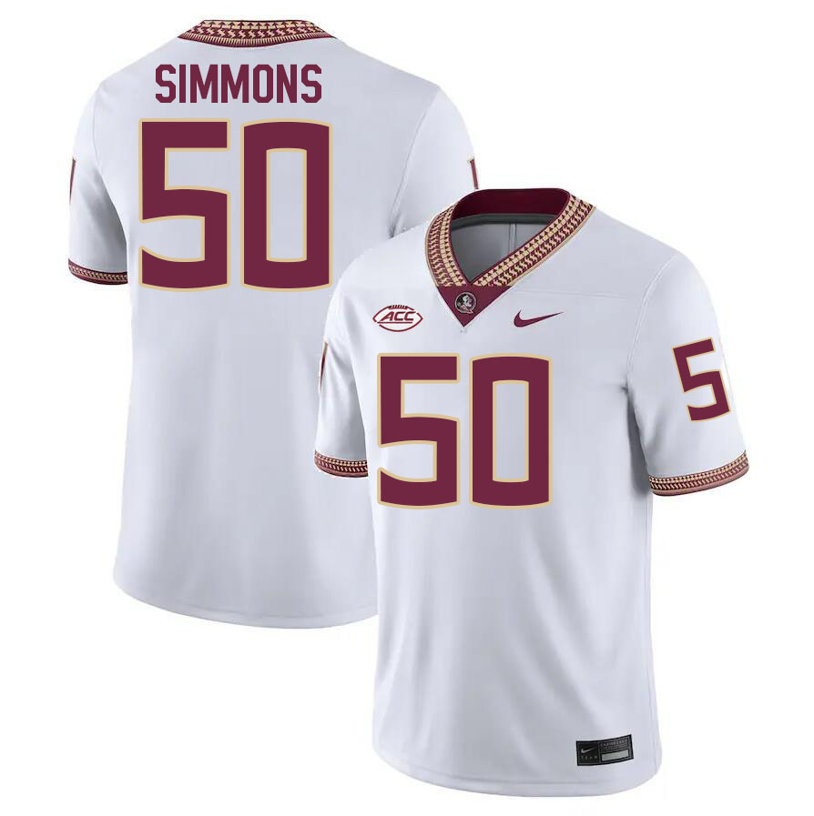#50 Ron Simmons Florida State Seminoles Jerseys Football Stitched-White - Click Image to Close